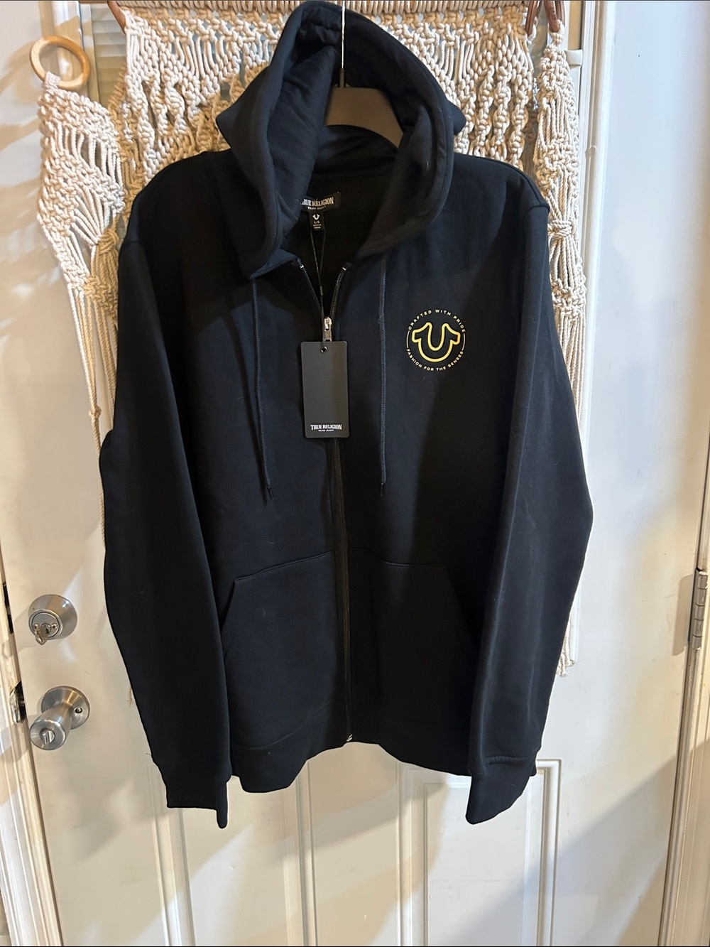 True Religion Black Zip Hoodie with Yellow Horseshoe Logo